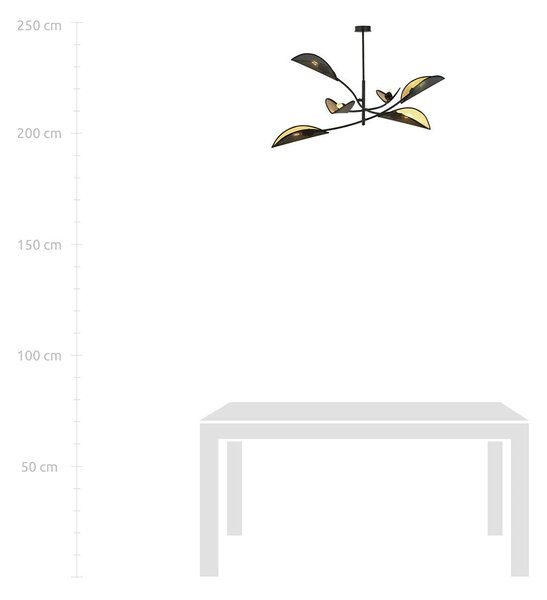 Stropní svítidlo LOTUS 6 – černé, zlatá textilní stínidla, 6× E14, šířka 102 cm
