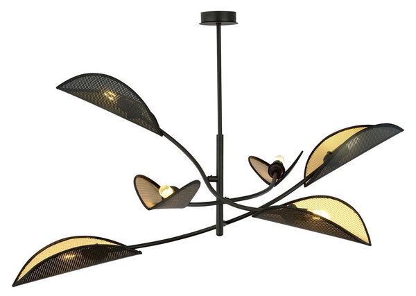 Stropní svítidlo LOTUS 6 – černé, zlatá textilní stínidla, 6× E14, šířka 102 cm