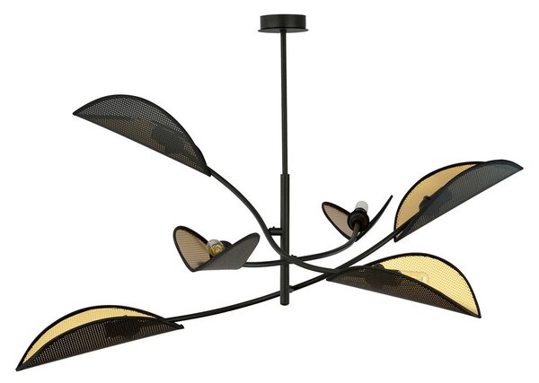 Stropní svítidlo LOTUS 6 – černé, zlatá textilní stínidla, 6× E14, šířka 102 cm