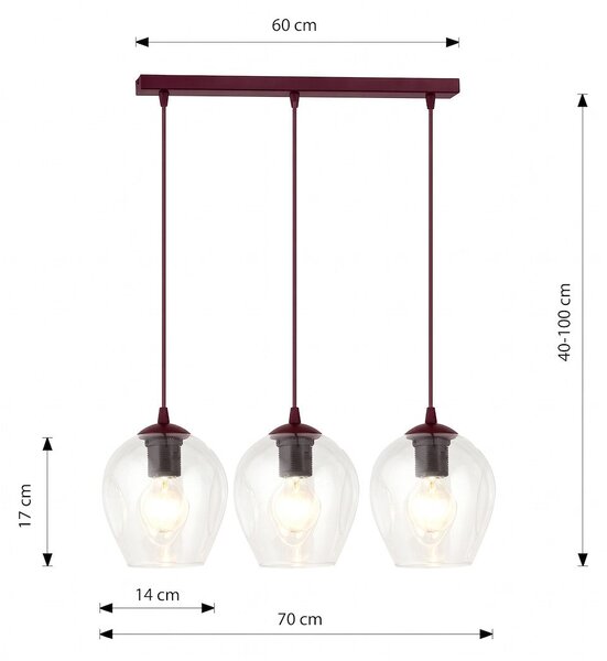 Závěsné svítidlo ISTAR 3 – vínové, čiré sklo, 3× E27, šířka 70 cm