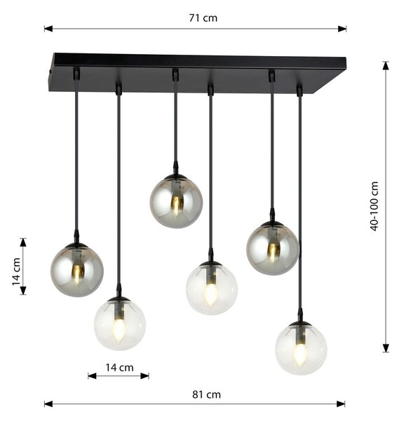 Závěsné svítidlo COSMO 6 – černé, čiré / grafitové sklo, 6× E14, šířka 86 cm