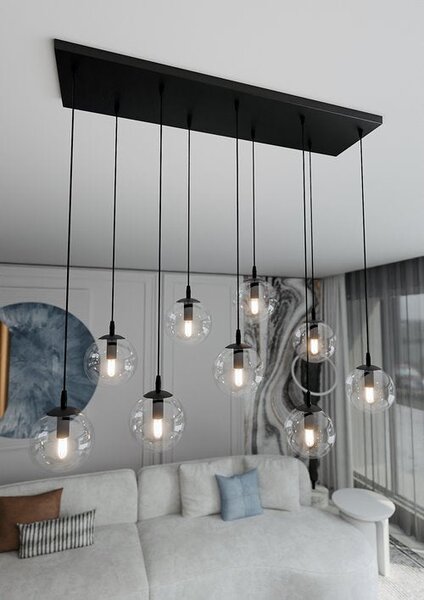 Závěsné svítidlo COSMO 9 – černé, čiré sklo, 9× E14, šířka 90 cm