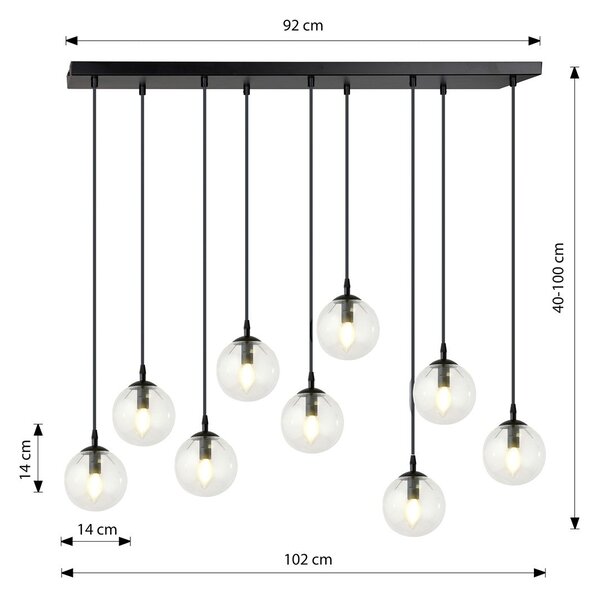 Závěsné svítidlo COSMO 9 – černé, čiré sklo, 9× E14, šířka 90 cm