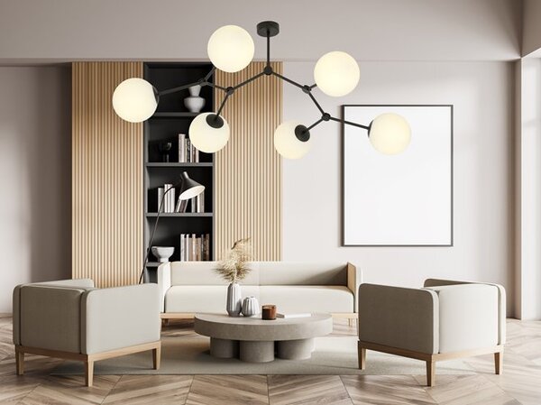 Stropní svítidlo SPACE 6 – černé, opálové sklo, 6× E14, šířka 85 cm