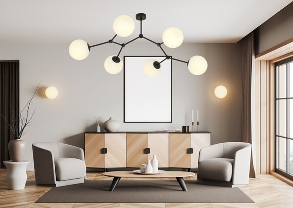 Stropní svítidlo SPACE 6 – černé, opálové sklo, 6× E14, šířka 85 cm