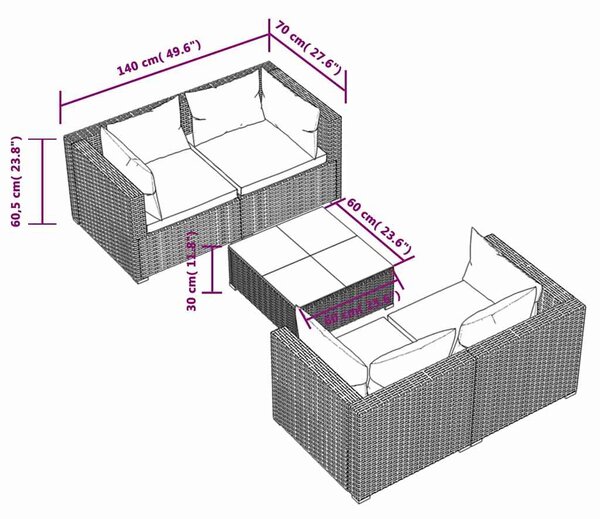 5dílná zahradní sedací souprava s poduškami polyratan hnědá 3101483