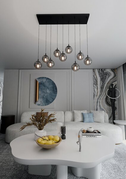 Závěsné svítidlo COSMO 9 – černé, grafitové sklo, 9× E14, šířka 90 cm
