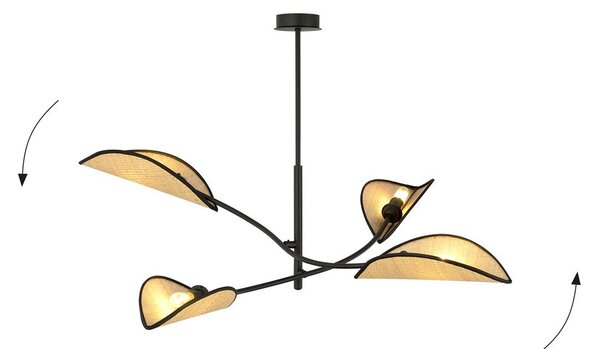 Stropní svítidlo LOTUS 4 – černé, hnědá textilní stínidla, 4× E14, šířka 102 cm