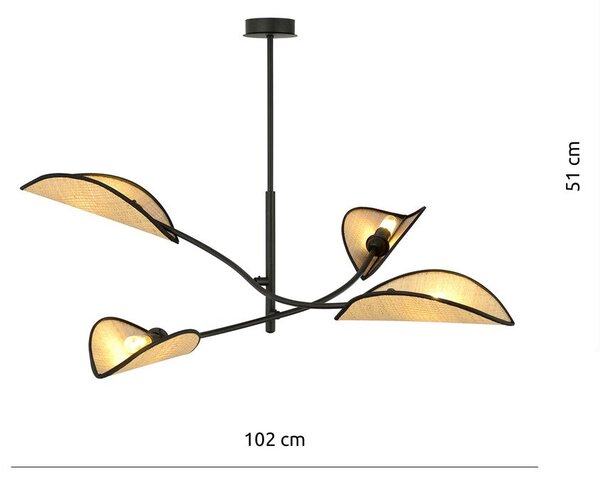 Stropní svítidlo LOTUS 4 – černé, hnědá textilní stínidla, 4× E14, šířka 102 cm