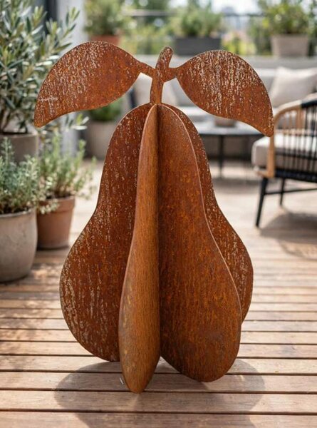 Kovová zahradní dekorace Hruška 3D střední 47 cm corten