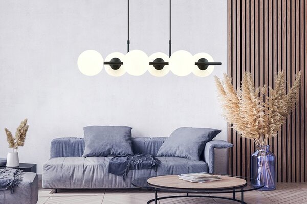 Závěsné svítidlo RORY 6 – černé, opálové sklo, 6× E14, šířka 95 cm