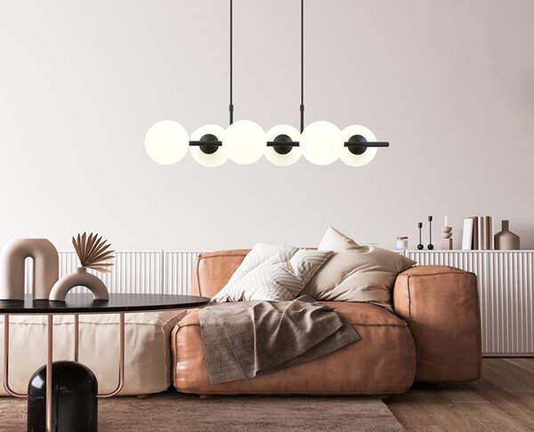 Závěsné svítidlo RORY 6 – černé, opálové sklo, 6× E14, šířka 95 cm