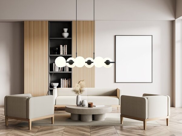 Závěsné svítidlo RORY 6 – černé, opálové sklo, 6× E14, šířka 95 cm