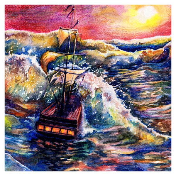 Obraz - Loď na oceánských vlnách, aquarel (30x30 cm)
