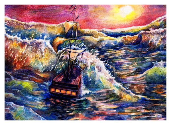 Obraz - Loď na oceánských vlnách, aquarel (70x50 cm)