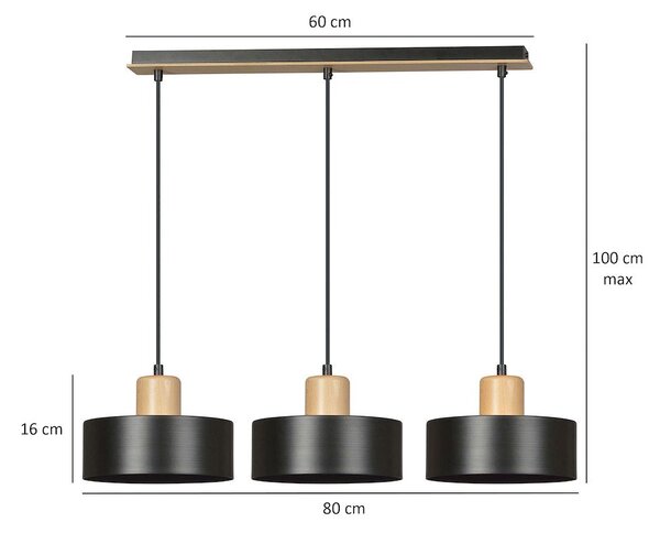 Závěsné svítidlo TORIN 3 – černé, 3× E27, šířka 80 cm