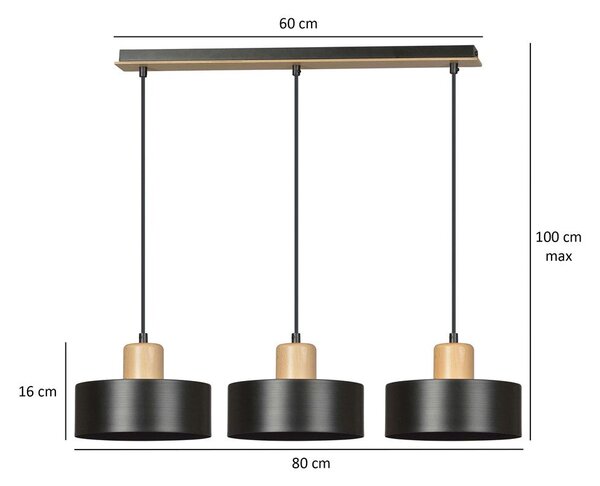 Závěsné svítidlo TORIN 3 – černé, 3× E27, šířka 80 cm