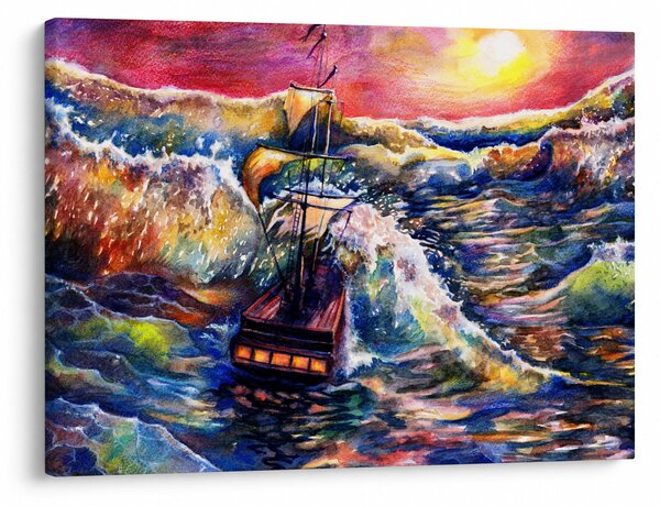 Obraz - Loď na oceánských vlnách, aquarel (70x50 cm)