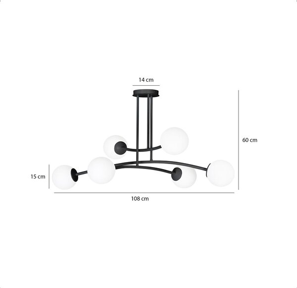 Stropní svítidlo HALLDOR 6 – černé, bílé sklo, 6× E14, šířka 108 cm