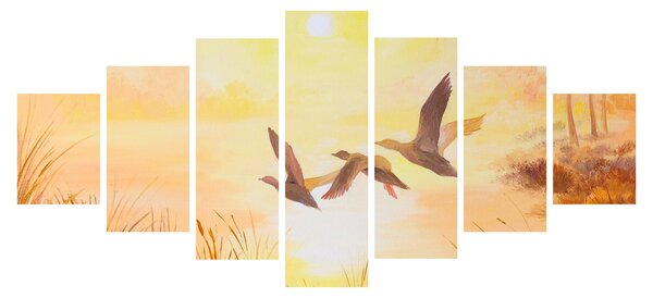 Obraz - Jeřábi při západu slunce (210x100 cm)