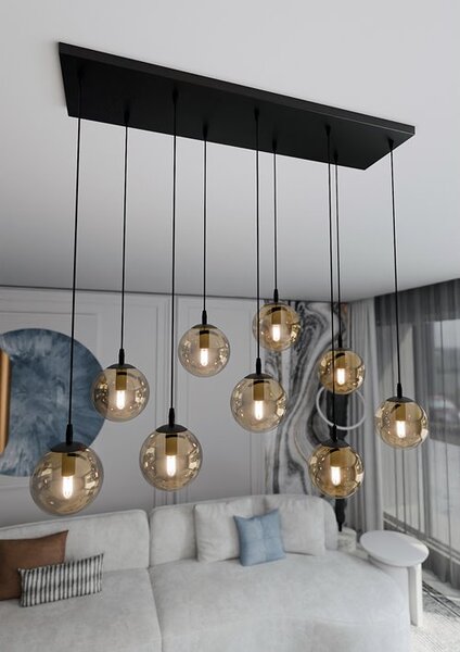 Závěsné svítidlo COSMO 9 – černé, jantarové sklo, 9× E14, šířka 90 cm
