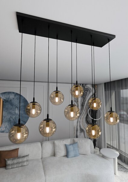Závěsné svítidlo COSMO 9 – černé, jantarové sklo, 9× E14, šířka 90 cm