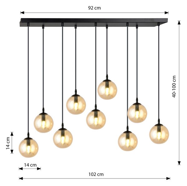 Závěsné svítidlo COSMO 9 – černé, jantarové sklo, 9× E14, šířka 90 cm