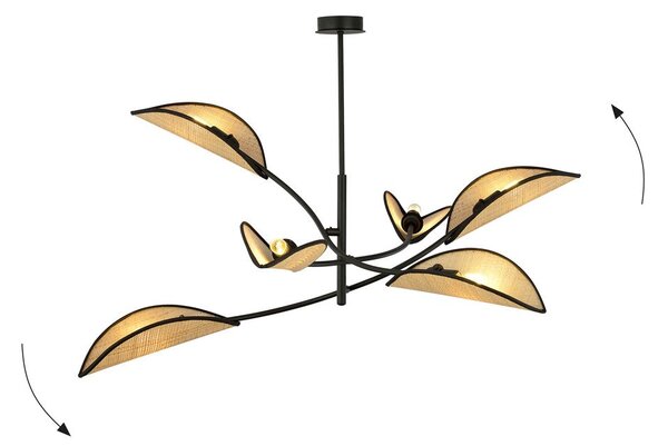 Stropní svítidlo LOTUS 6 – černé, hnědá textilní stínidla, 6× E14, šířka 102 cm