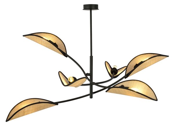 Stropní svítidlo LOTUS 6 – černé, hnědá textilní stínidla, 6× E14, šířka 102 cm