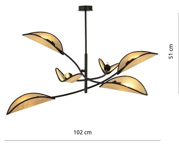Stropní svítidlo LOTUS 6 – černé, hnědá textilní stínidla, 6× E14, šířka 102 cm