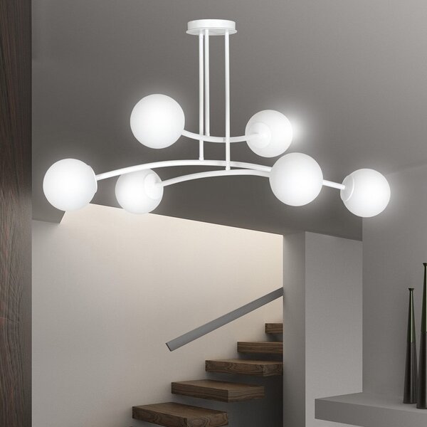 Stropní svítidlo HALLDOR 6 – celobílé, sklo, 6× E14, šířka 108 cm