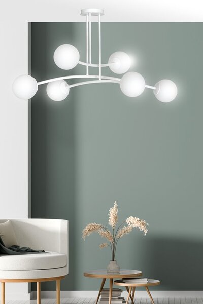 Stropní svítidlo HALLDOR 6 – celobílé, sklo, 6× E14, šířka 108 cm