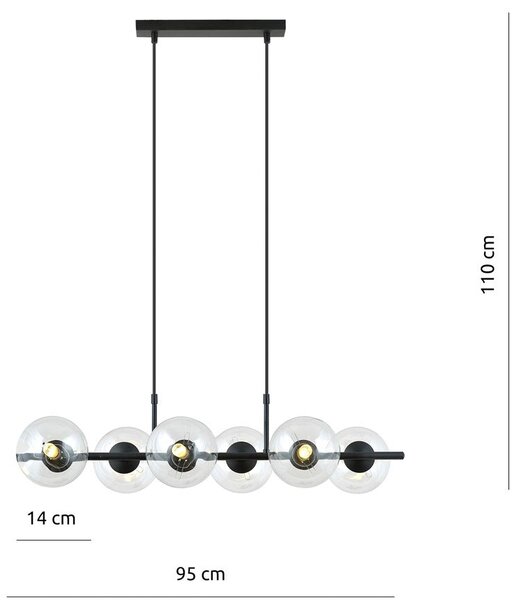 Závěsné svítidlo RORY 6 – černé, čiré sklo, 6× E14, šířka 86 cm