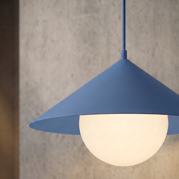 Závěsné svítidlo MONO 1S – tlumeně modré, bílé sklo, 1× E14, šířka 31 cm