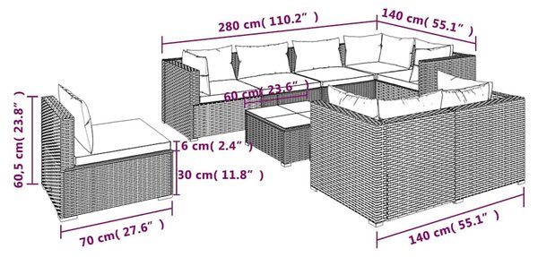 9dílná zahradní sedací souprava s poduškami polyratan černá 3102617