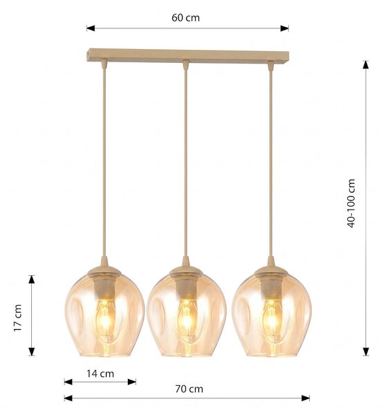 Závěsné svítidlo ISTAR 3 – moka, jantarové sklo, 3× E27, šířka 70 cm