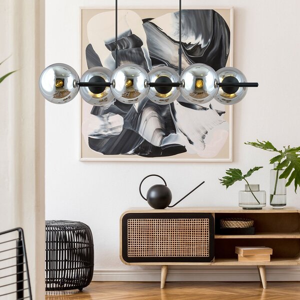 Závěsné svítidlo RORY 6 – černé, grafitové sklo, 6× E14, šířka 95 cm