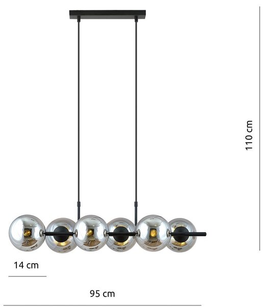 Závěsné svítidlo RORY 6 – černé, grafitové sklo, 6× E14, šířka 95 cm