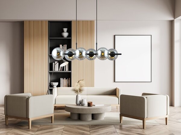 Závěsné svítidlo RORY 6 – černé, grafitové sklo, 6× E14, šířka 95 cm