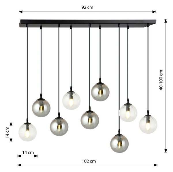Závěsné svítidlo COSMO 9 – černé, čiré / grafitové sklo, 9× E14, šířka 110 cm