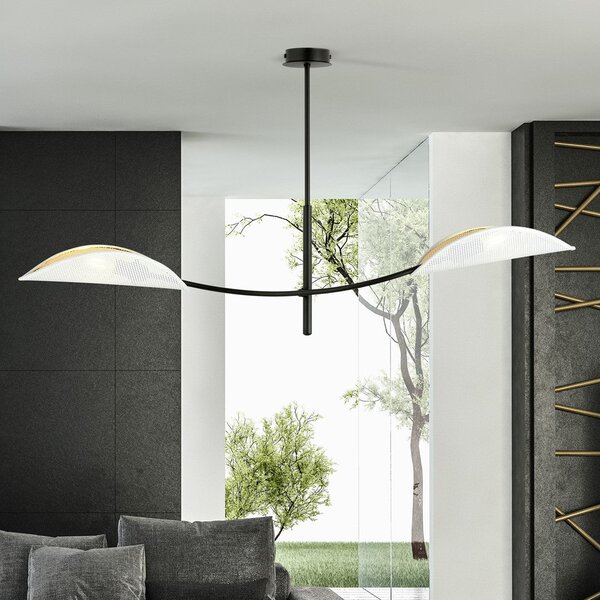 Stropní svítidlo LOTUS 2 – bílé, zlatá textilní stínidla, 2× E14, šířka 102 cm