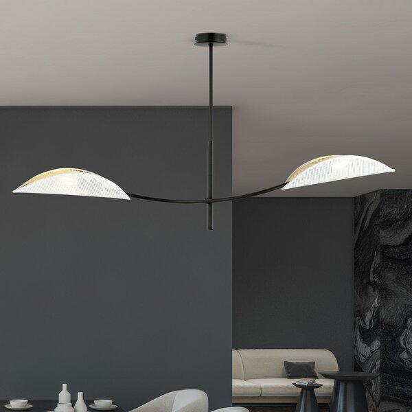 Stropní svítidlo LOTUS 2 – bílé, zlatá textilní stínidla, 2× E14, šířka 102 cm