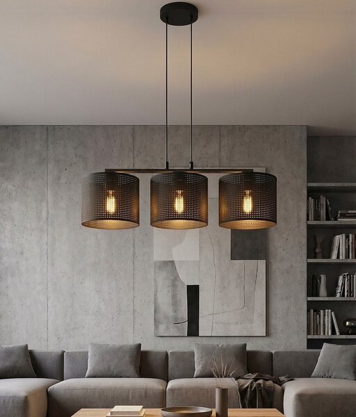 Závěsné svítidlo LUX 3 – celočerné, textilní stínidla, 3× E27, šířka 70 cm