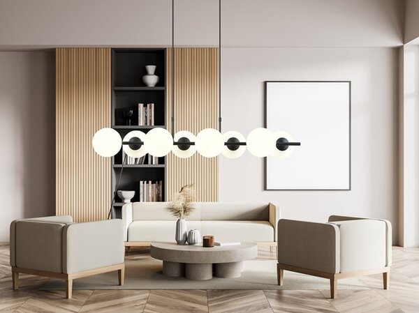 Závěsné svítidlo RORY 8 – černé, opálové sklo, 8× E14, šířka 115 cm