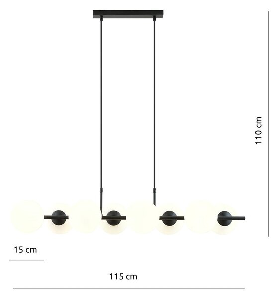Závěsné svítidlo RORY 8 – černé, opálové sklo, 8× E14, šířka 115 cm