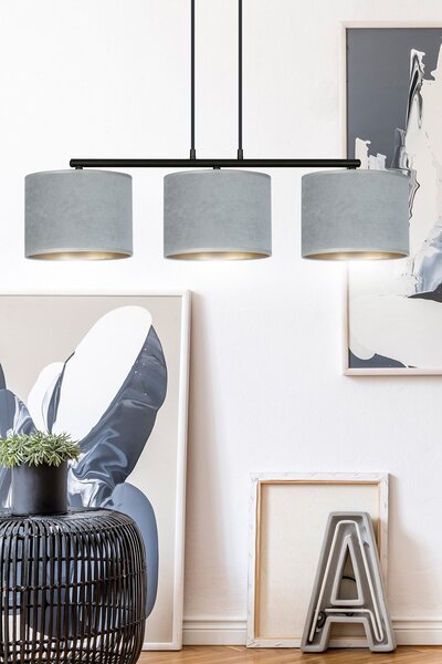 Závěsné svítidlo HILDE 3 – černé, šedá textilní stínidla, 3× E27, šířka 72 cm