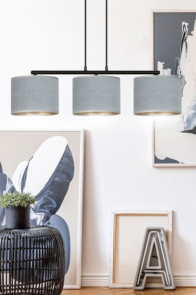 Závěsné svítidlo HILDE 3 – černé, šedá textilní stínidla, 3× E27, šířka 72 cm
