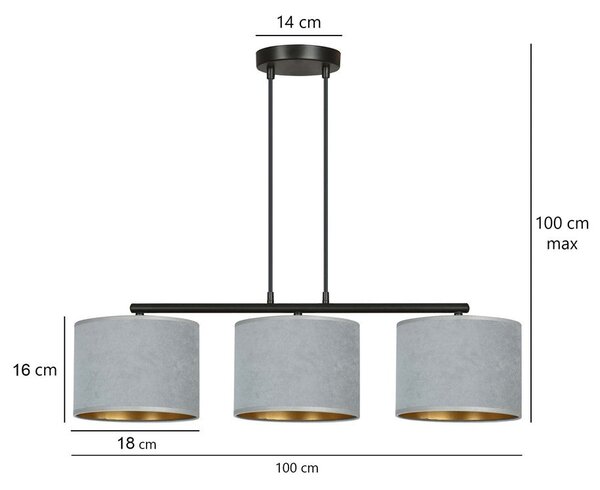 Závěsné svítidlo HILDE 3 – černé, šedá textilní stínidla, 3× E27, šířka 72 cm