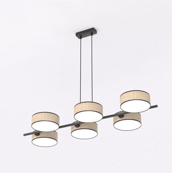 Závěsné svítidlo DRUMZ 6 – hnědé / černé, ratanová stínidla, 6× E14, šířka 100 cm