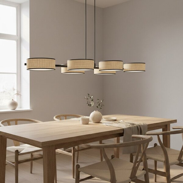 Závěsné svítidlo DRUMZ 6 – hnědé / černé, ratanová stínidla, 6× E14, šířka 100 cm